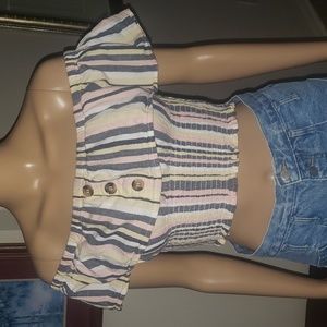 Derek Heart L adorable flounce off shoulder pastel stripes smocked waist crop